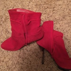 Red velvet high heel boots